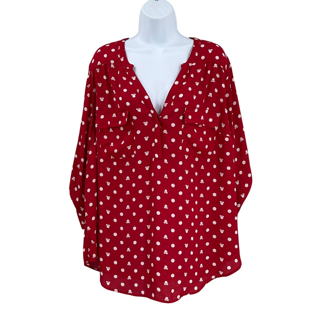 Disney Blouse Womens 3X Red Minnie Mouse Polka Dot Roll Tab Sleeve Top Whimsical